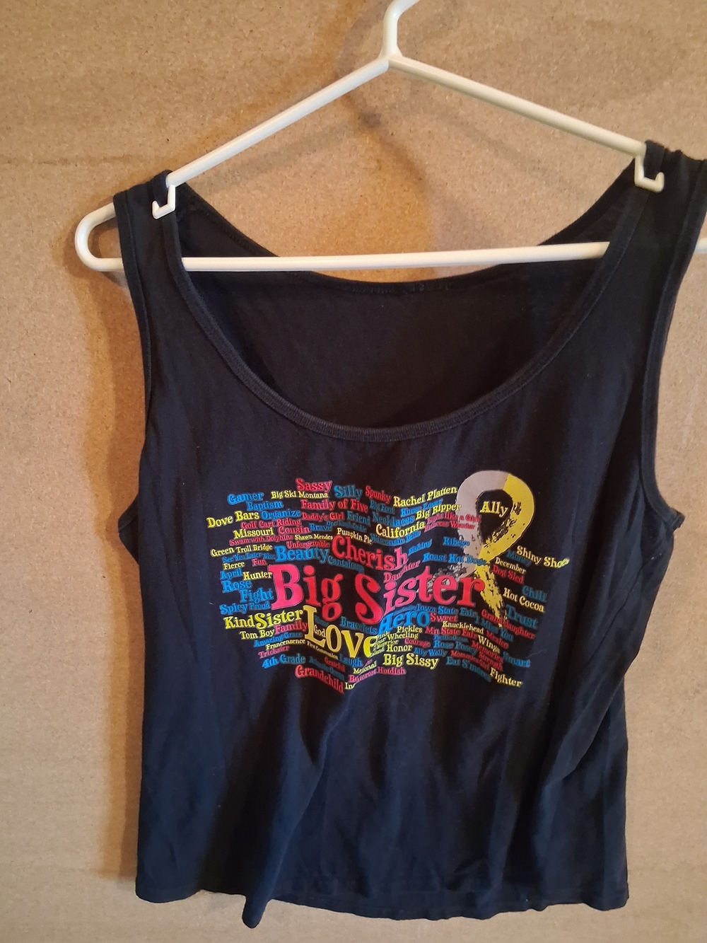 Black Graphic Tank Top with Colorful 'Big Sister' Word Art